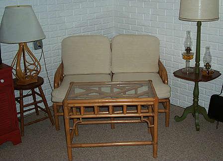 Bamboo love seat, table and lamp, maple stool, floor lamp and kerosine lamps
