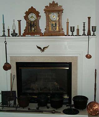 2 oak kitchen clocks, cast iron and copper items