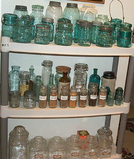 Blue canning jars (some dated), ground top cannister set, misc. old bottles