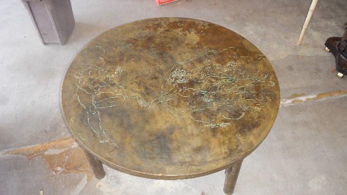 Vintage Philip & Kelvin LaVerne Round Cocktail Table signed with image of God the Father giving life to Adam from Sistine Chapel Fresco by Michelangelo