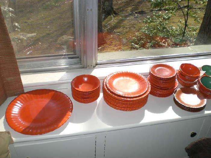 1930's-1050's Stangle Colonial Orange (tangerine), six soups,9 dinner plates, 1 luncheon,11 saucers,9 bread, 9 cereal, 1 chope plate