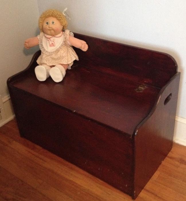 Child's pine toy chest and Cabbage Patch Doll