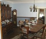 Dining room set, display cabinet, dining table w/8 chairs & 2 extensions leaves, cover Ted Barron Furniture, Lynwood, IL.
