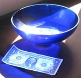 Heavy cobalt blue dish, dollar for size comparison