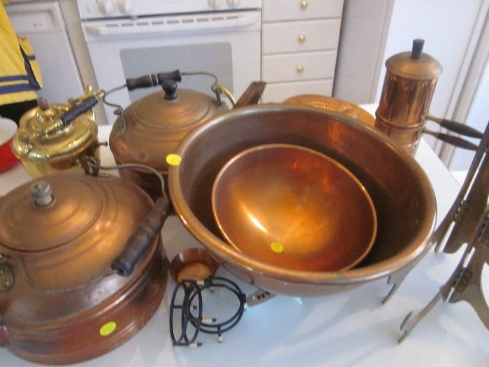 Copper tea kettles, copper bowls