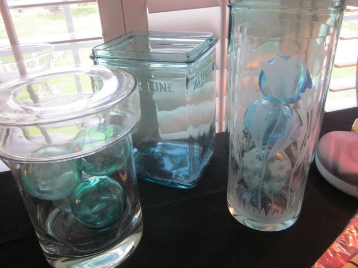 Blown glass balls, large glass vases