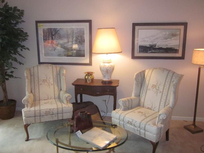 Sherrill Wing Back chairs, Glass & Brass coffee table, floor lamp, Antique  hall table