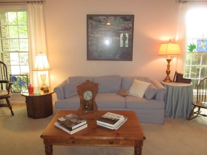 Sherrill sofa, Lane Coffee table, Antique Clock, side tables, Stiffel lamp, art work
