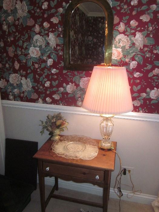 Primitive pine table, crystal lamp