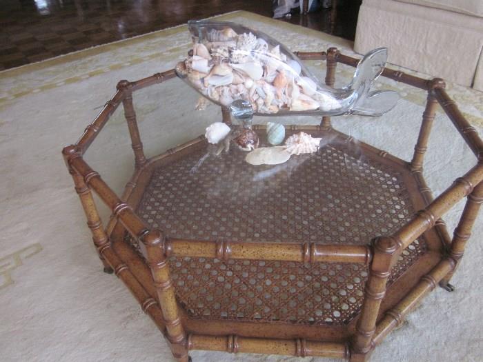 Bamboo Coffee  Table, Glass Fish with sea shells