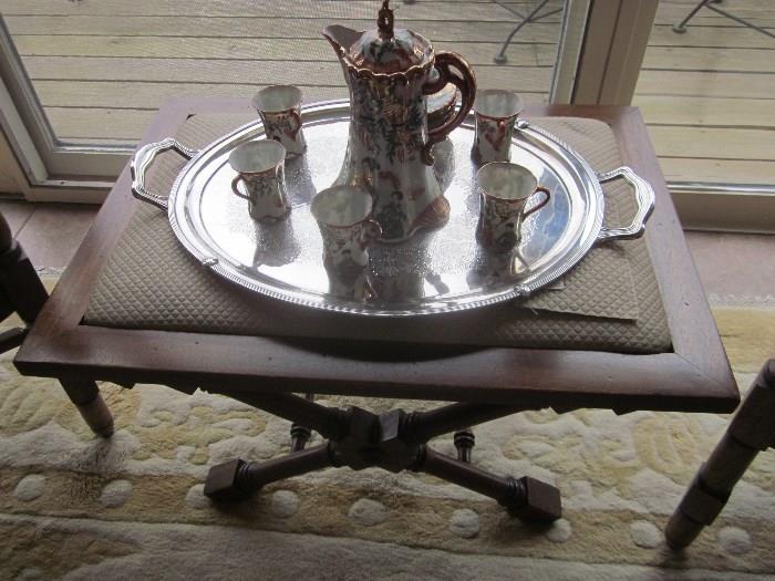 Oriental Tea Set, Silver tray, Bench