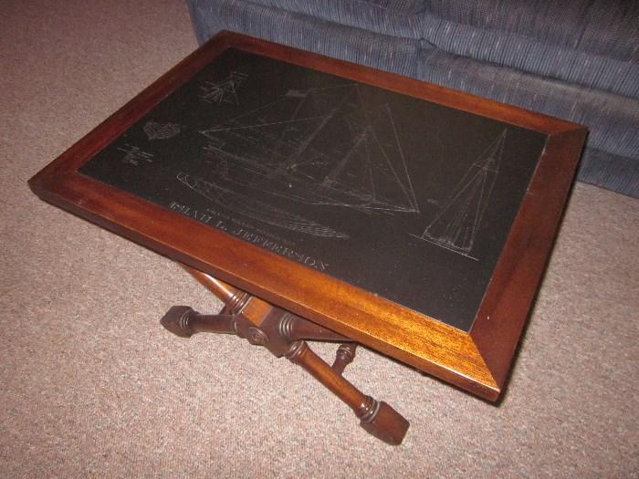 Table, bench, Slate top with engraving, matching pair