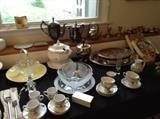 China tea cups, crystal glass bowl, serving and entertaining pieces