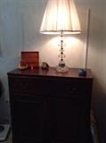 Pine cabinet, vintage crystal lamp