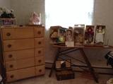 Vintage dresser, primitive wood ironing board, doll collection