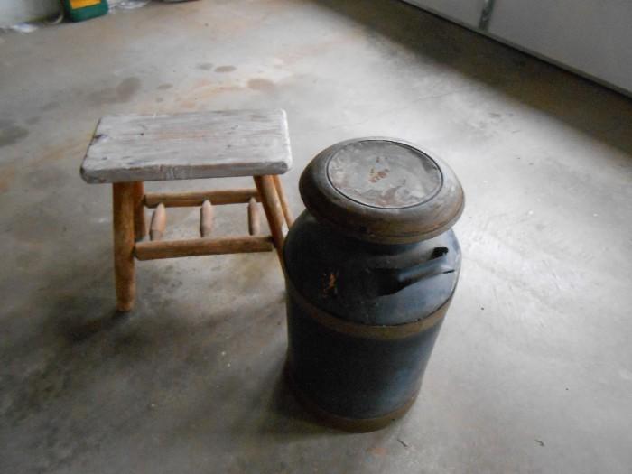Milking stool and antique milk container