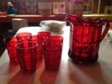 Mosser Glass pitcher and 7 tumblers