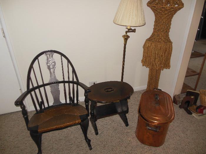 Windsor Rocking Chair Rush Seat.Copper Pot/lid