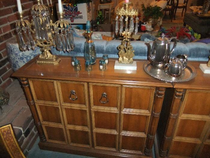 Pair of Nice Sofa Tables with Storage; Candelabras, Decanters, Tea Sets, etc.