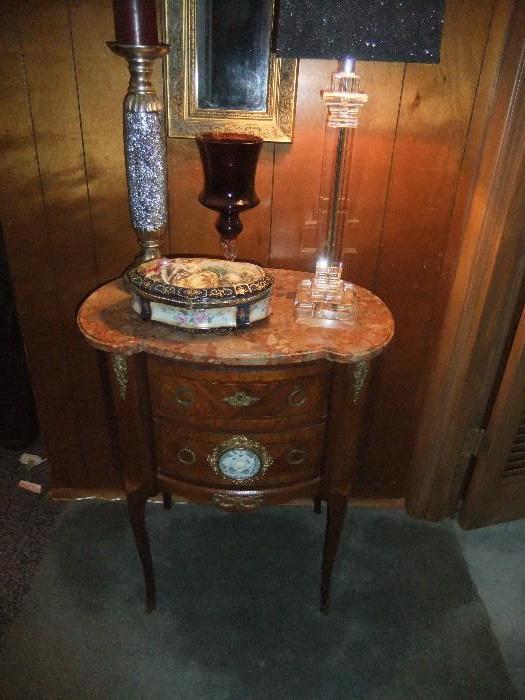 French Sidetable, With Curved Drawers, Gilt accents, Wedgewood Insert on lower drawer, LovelyMarble Top
