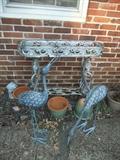Cast iron Plant stand, cast iron cranes, pots