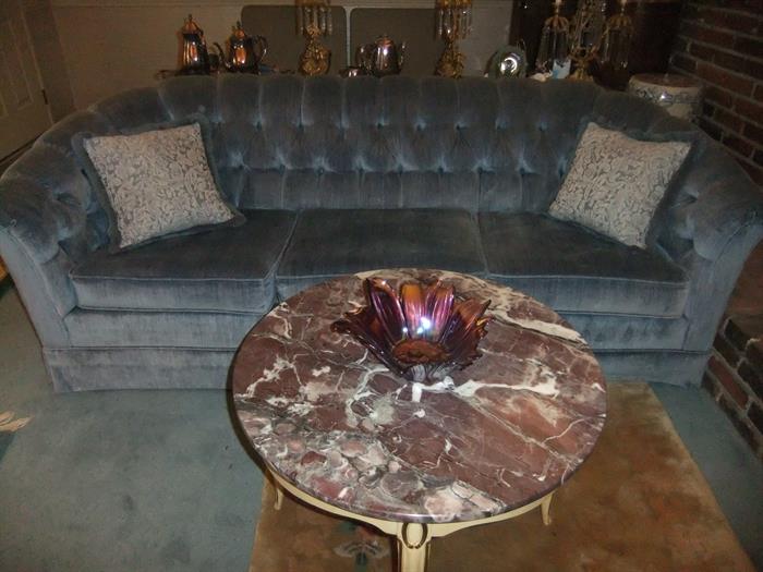 Curved Back Velour Sofa, Marble Top, Coffee Table