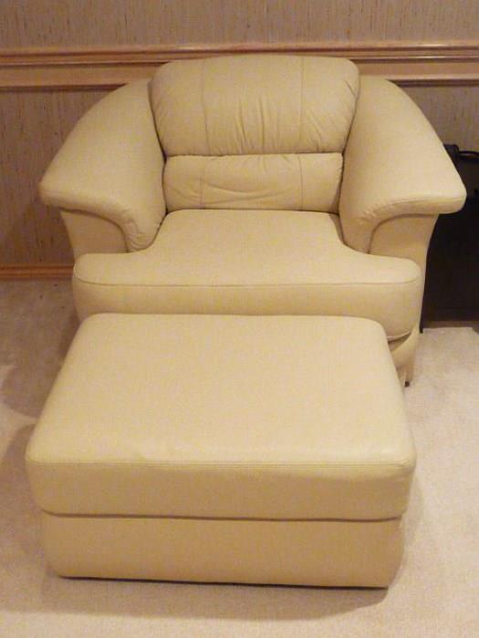 AMERICAN HOME COLLECTION WHITE LEATHER OVER STUFFED CHAIR with OTTOMAN