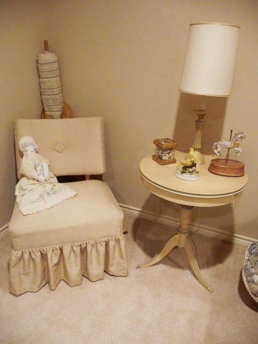 BOUDOIR CHAIR with RUFFLED SKIRT ~ PEDESTAL ACCENT TABLE with BRASS CLAW FEET ~ COTTAGE CHIC IVORY w BLUE ACCENTS
