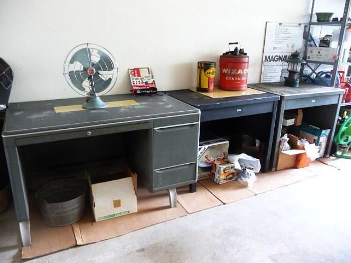 THE GENERAL FIREPROOFING CO INDUSTRIAL AGE METAL DESK with key ~ MID CENTURY MODERN GE TABLE TOP FAN ~ VINTAGE WIZARD GAS CAN ~ PENZOIL CAN ~ VINTAGE COLEMAN LANTERN