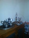 Pewter, glass and oil lamps