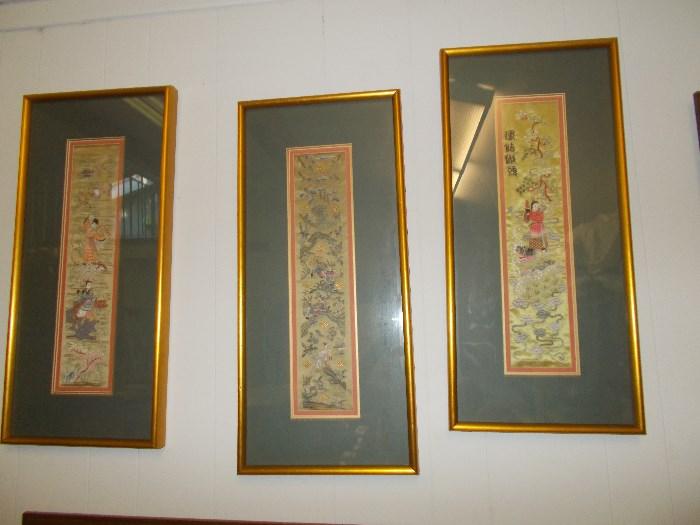 Set of 3 Asian Fabric Framed