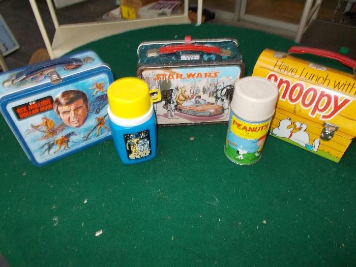 RETRO Lunch Boxes - left - $6,000,000 Dollar Man (no thermos); center - Star Wars (has thermos); right - Snoopy (has thermos) - ALL 3 ARE EXTRA COOL!!!!! - will be sold individually!!!!  These are Collector's Dreams!!!!!!!!