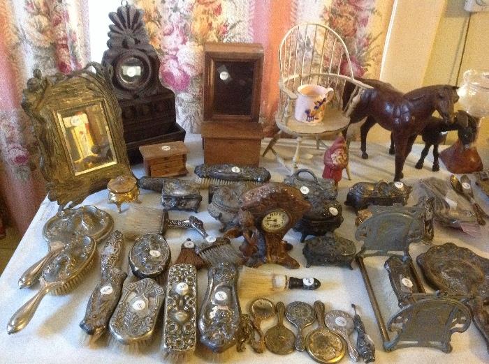 Tramp art wall box, art Neavou collection including mirrors and book ends, schoenhut donkey, leather horse, salesman sample chair