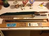 Vintage bamboo fly rods, primitive wood hand painted fish decoys