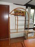 RATTAN ETAGERE WITH GLASS SHELVES (NOTE HAND PAINTED PICTURE ON WALL)