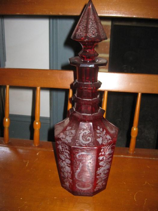 Cranberry Glass Etched Decanter, no defects noted