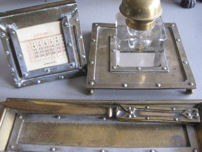 Brass and Metal Arts and Crafts Desk Set with Inkwell, Opener, Tray and Celluloid Calendar