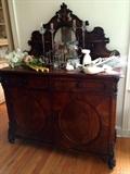 Victorian Mahogany Sideboard, 2 Drawers Over 2 Door Cabinet with Mirror (66" H x 55" L  X 22" D)
