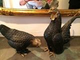 Pair of Solid Brass Rooster and Hen Figurines