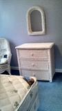 5 pc white wicker bedroom set. 3 drawer dresser,bed w/ headboard,accent chair and large chest.