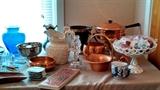 vintage Copper fondue cooker with recipes,Milk glass,crystal serving pieces, ice buckets, mid century wine bucket