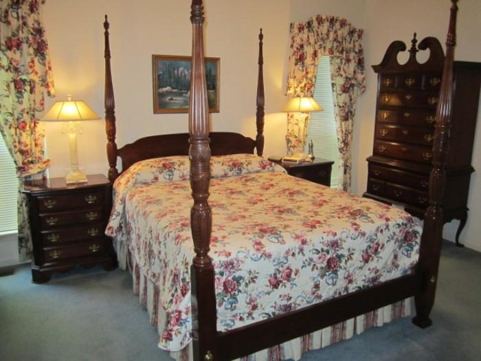 Queen 4 poster bed with matching highboy and bedside tables