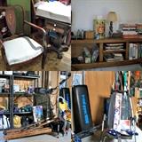 Clockwise from top left: Vintage Chair/drop leaf side table; books/collectibles; Sports shop 1 & 2