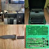 From top left:  computer and office items; vintage Remington typewriter, antique drafting set in original case; handmade bowie knife
