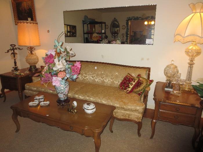 Gold brochade sofa, French Provincial coffee and end tables