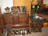 Walnut chest; silver plate and black marble top accent table
