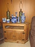 Television stand with blue and white wares