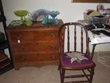 Antique chest, chair and Fenton glass