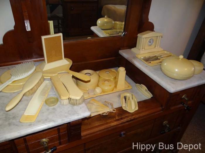 Large Collection of Bakelite Vanity Brushes, Mirrors, Hooks, misc.