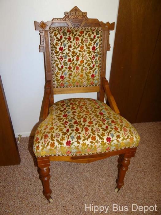 Eastake Walnut Chair with  Floral Velvet Fabric on Wheels